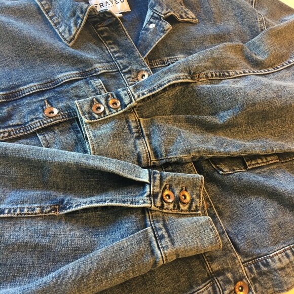 Frayed Jeans Cropped Denim Jacket Large Pleated Distressing Grunge Stone Wash - Picture 4 of 11